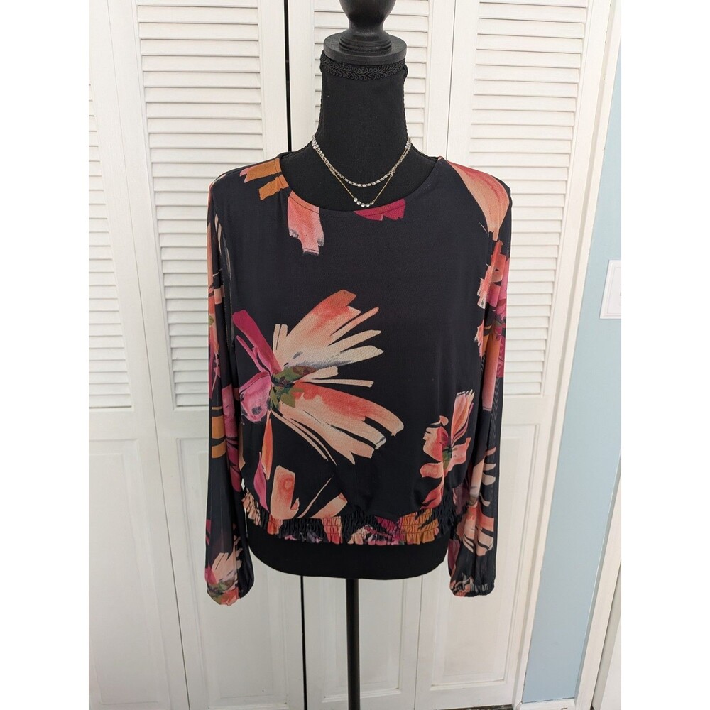 Morgan Taylor Blouse Women's L Black Pink Floral Top Mesh Romantic Smocked Boho